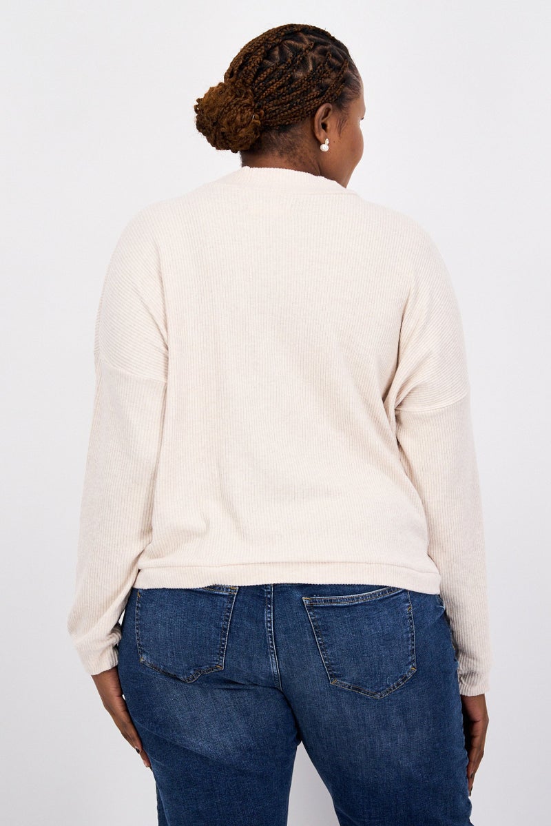 LUCKY BRAND Women Mock Neck Long Sleeves Textured Top, Beige - Image 3